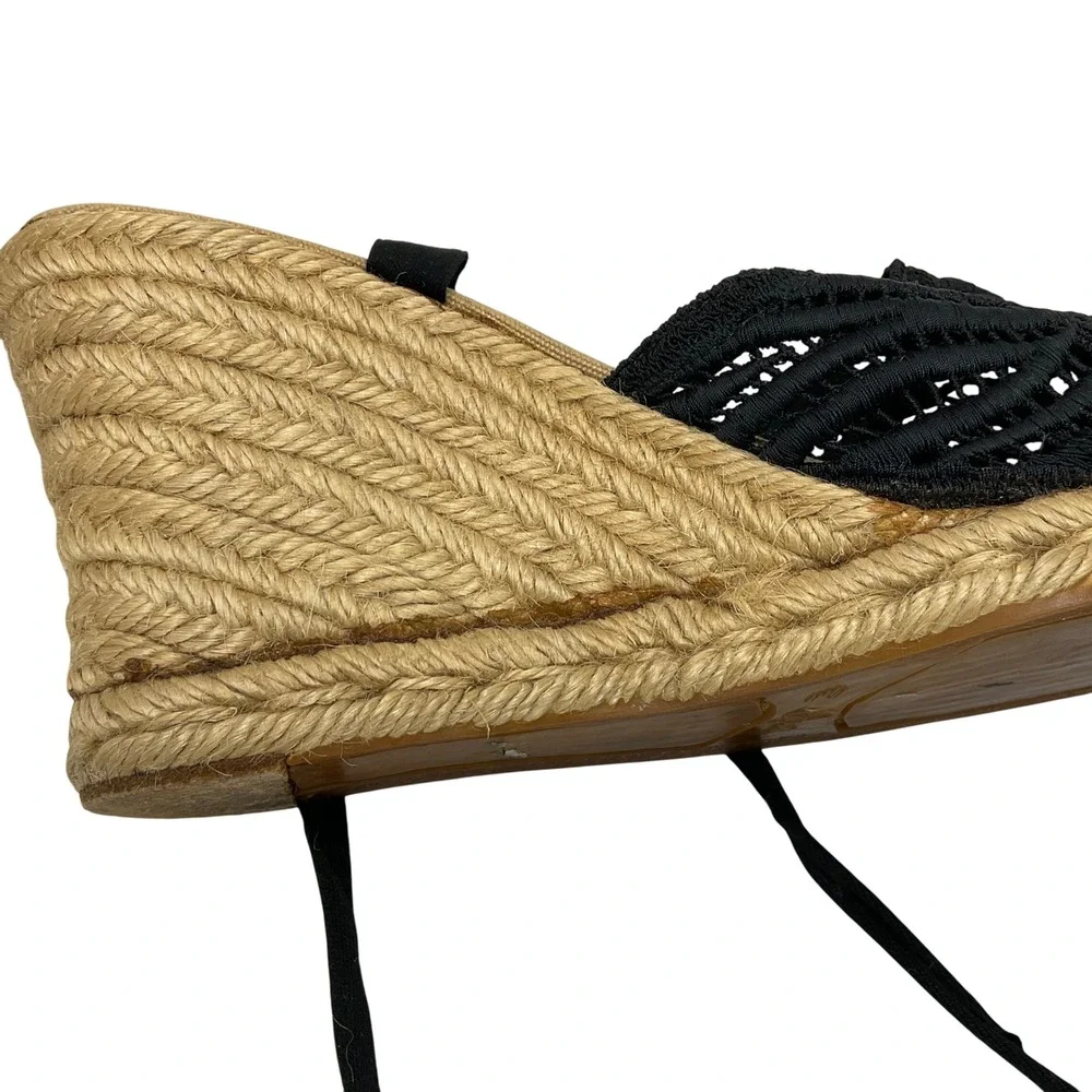 Anne Klein Espadrille Wedge Sandals Black Lace Up Ankle Wrap 38 7.5 Boho Classic